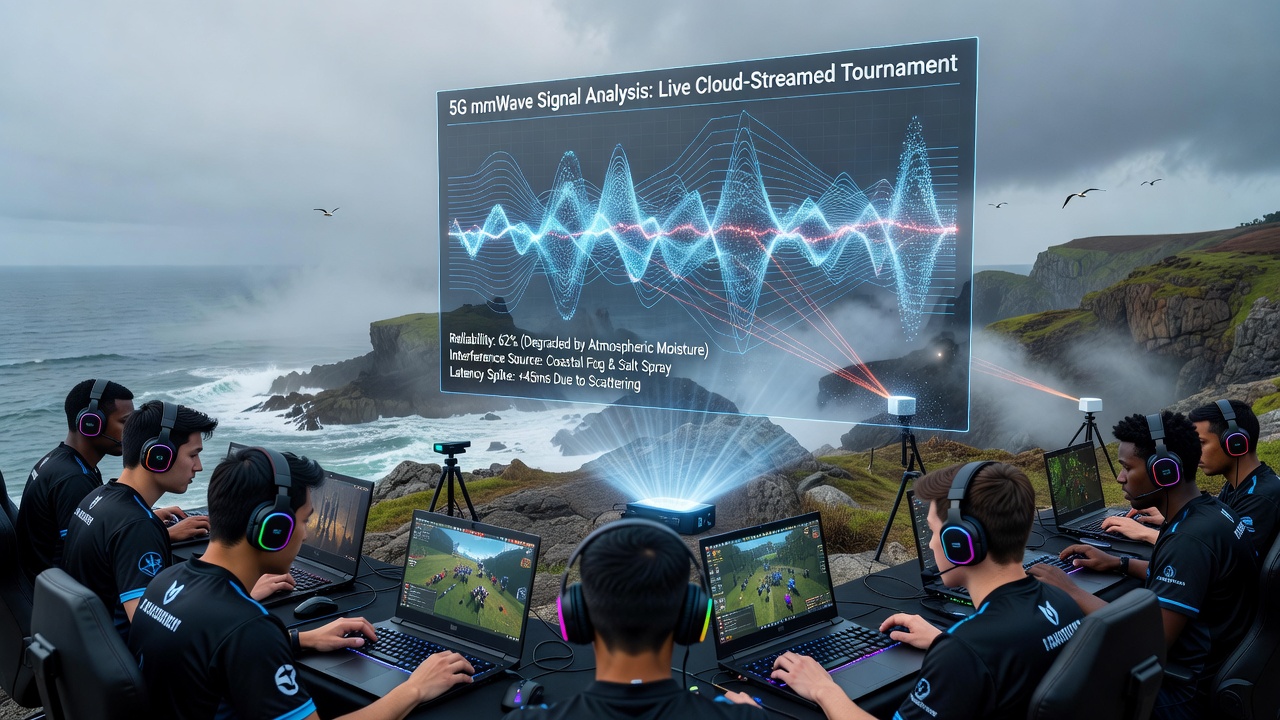 Coastal fog rolling over a 5G tower near a gaming tournament venue, illustrating signal challenges in humid environments