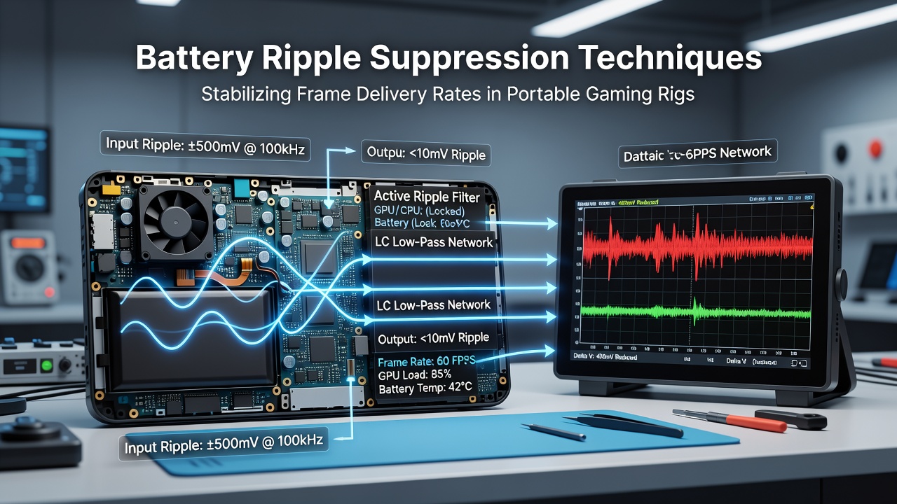 Oscilloscope readings showing reduced voltage ripple after suppression hardware installation in a gaming handheld
