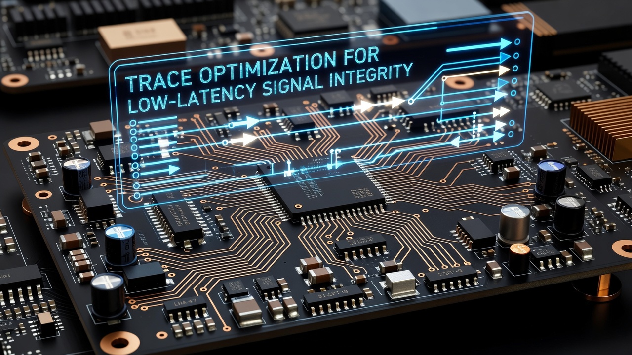 Detailed view of optimized PCB traces on a network adapter board for esports applications showing differential pairs and impedance control