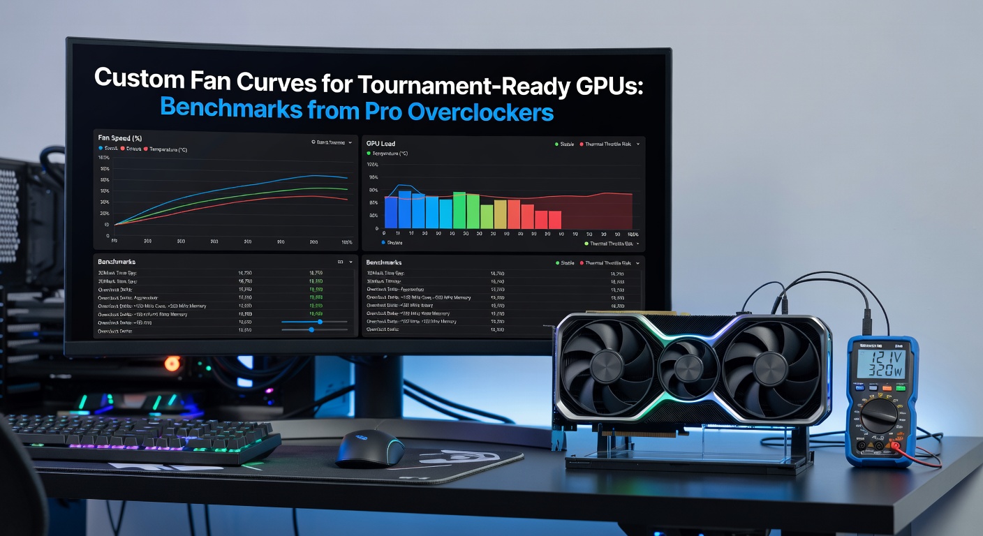 Pro overclocker adjusting GPU fan curve on a high-end rig during a benchmarking session, with software interface showing temperature and RPM graphs