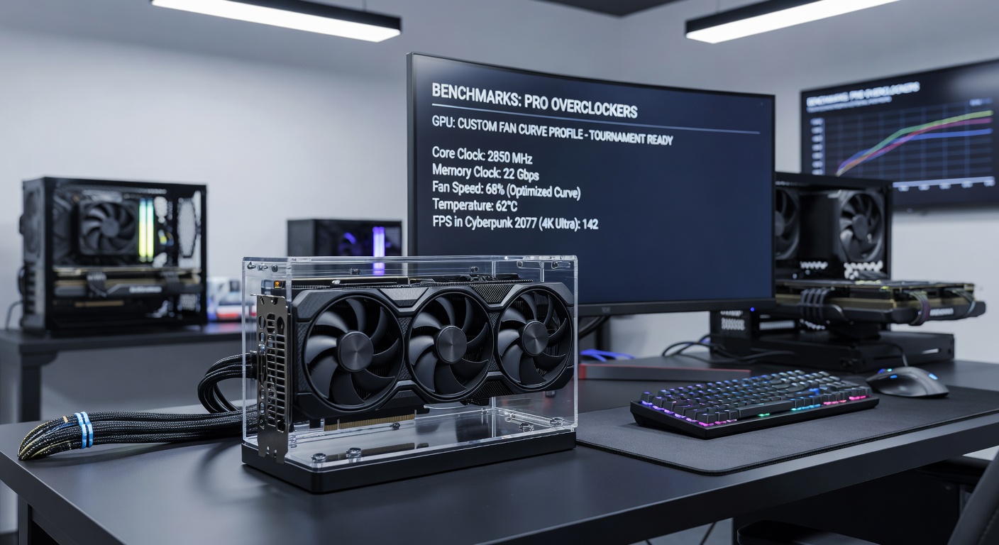 Close-up benchmark graph displaying custom fan curve performance on an overclocked GPU, showing temperature, fan RPM, and FPS stability over a prolonged esports load test