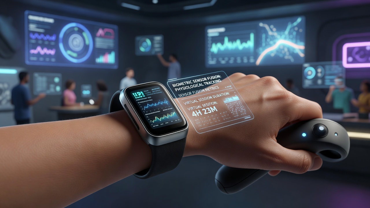Wearable devices with multiple biometric sensors displayed on a user's wrist during a virtual simulation session
