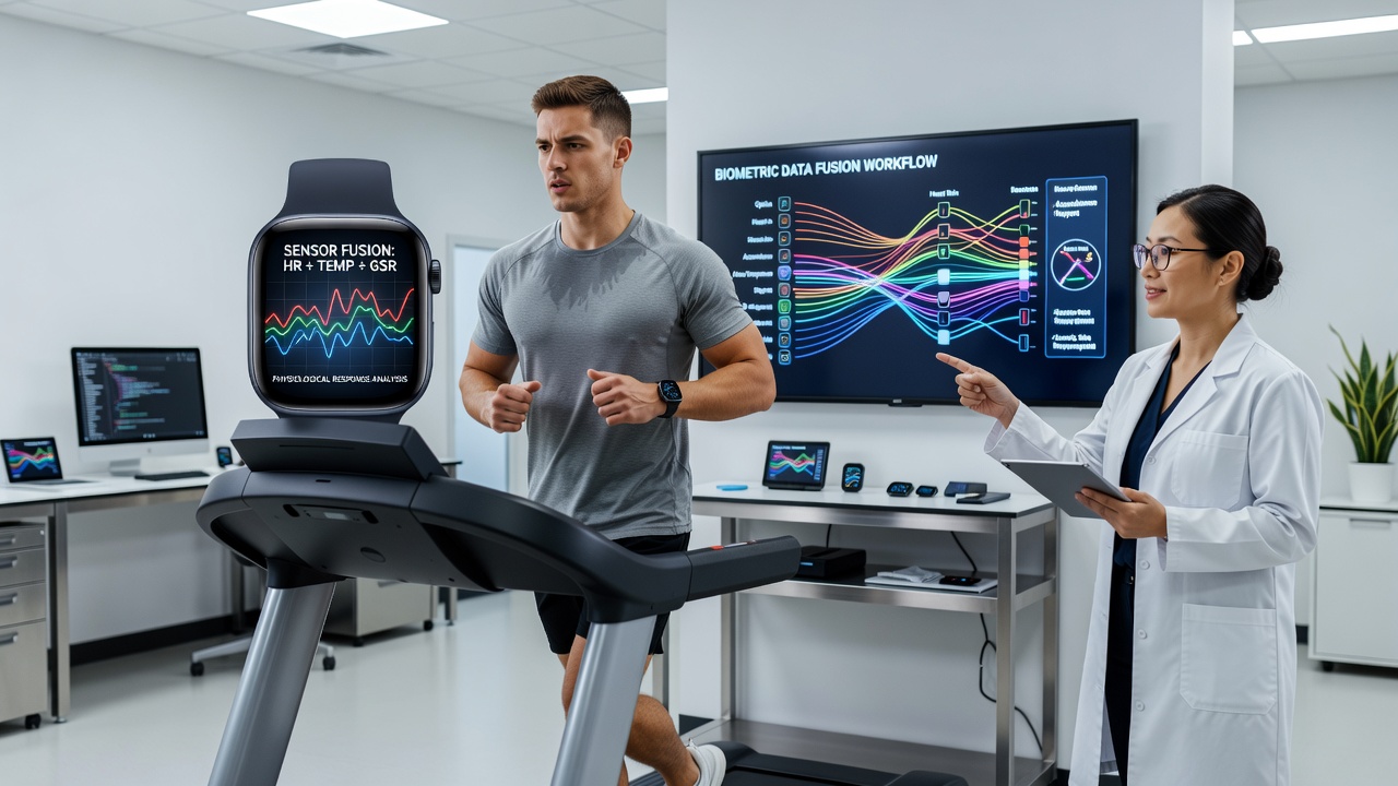 Close-up of sensor fusion processing dashboard showing real-time physiological data streams from multiple wearables