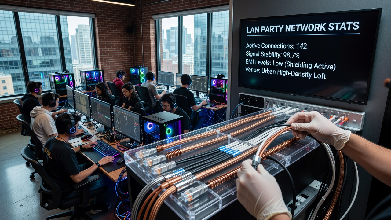 Ethernet cables with shielding layers arranged at a dense urban LAN party setup showing multiple connections and interference sources