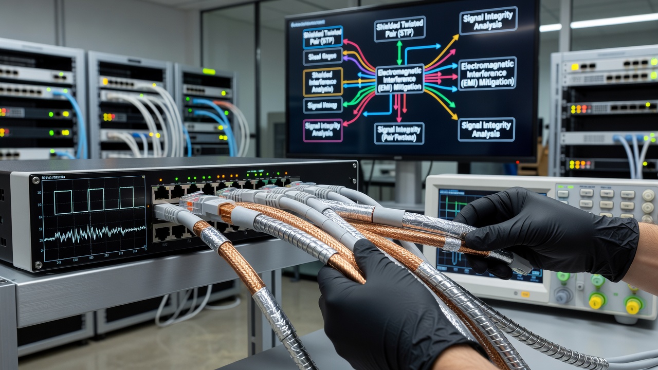 Technicians installing shielded Ethernet runs and ferrite cores at a crowded urban LAN venue with visible cable management and grounding connections