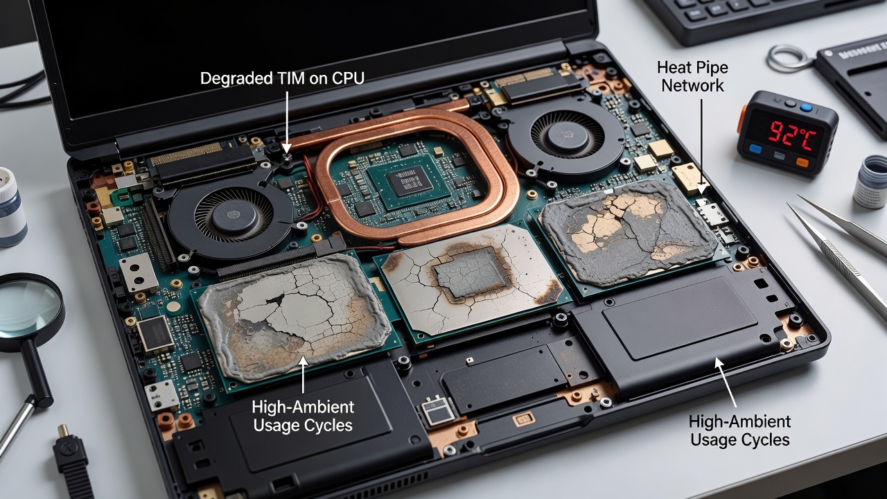 Thermal imaging scan showing heat distribution patterns on a gaming laptop motherboard after prolonged high-temperature exposure