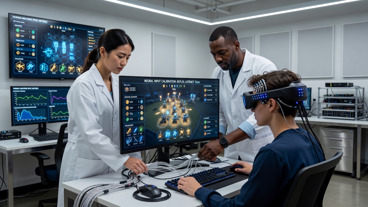 Close-up of neural signal processing unit linked to a strategy game interface displaying mapped reflex commands