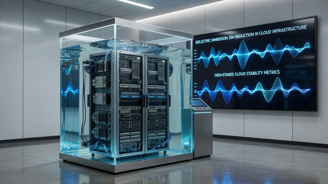 EMI measurement equipment monitoring signal patterns around immersion-cooled racks