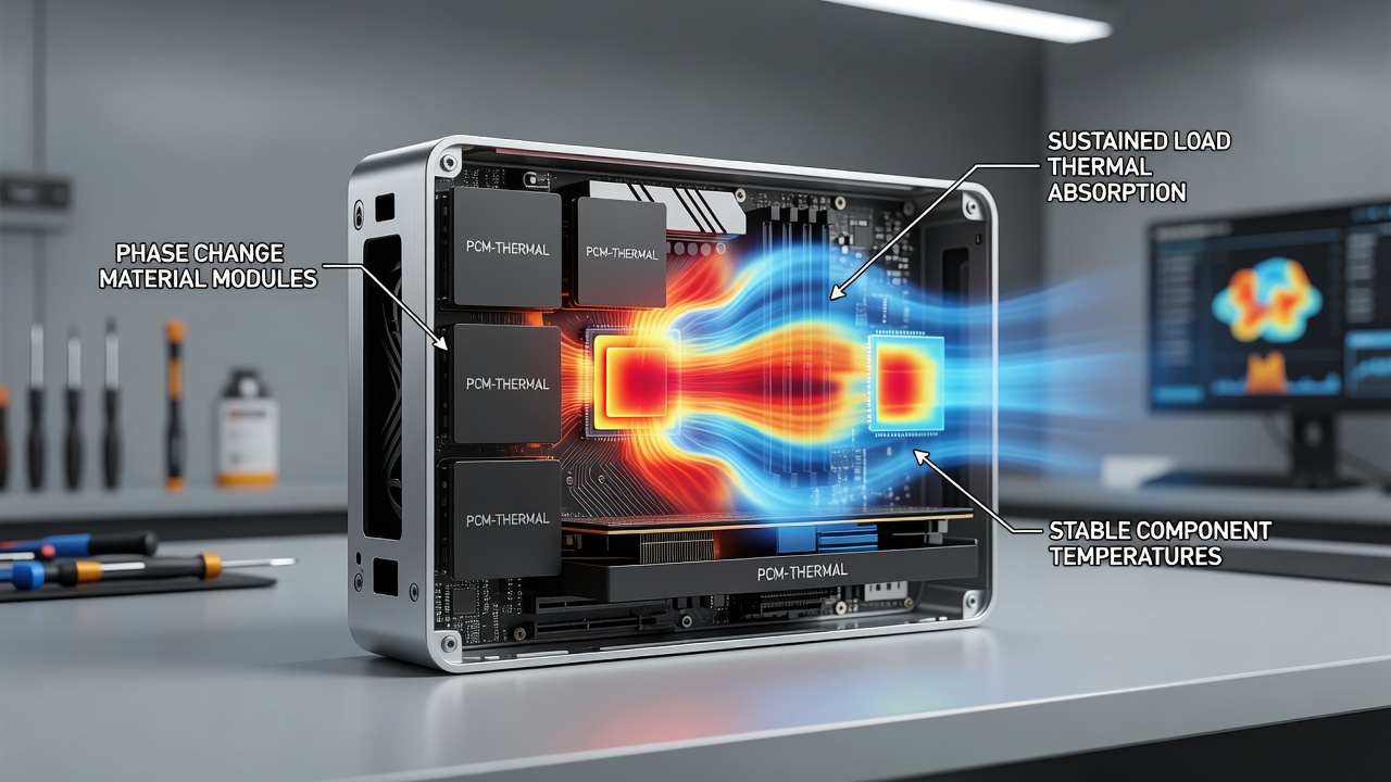 Internal view of gaming laptop showing phase change material layers near CPU and GPU components