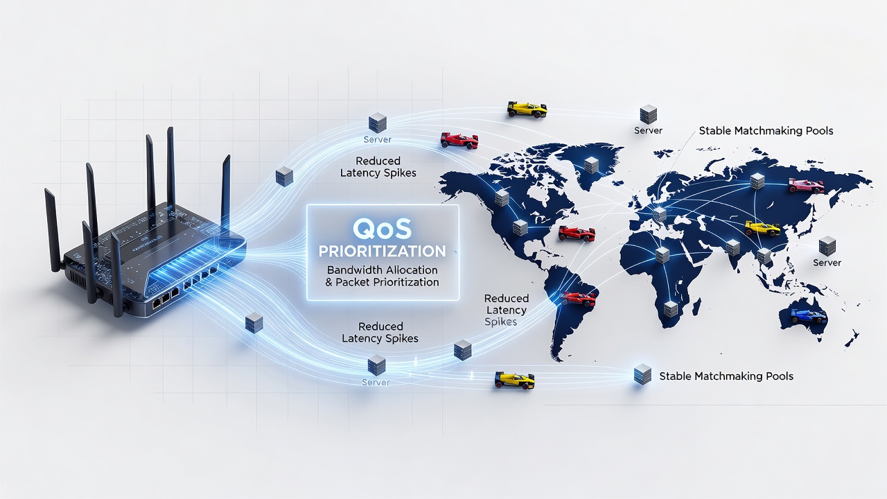 Network traffic analysis graph showing reduced jitter after QoS activation during racing game sessions