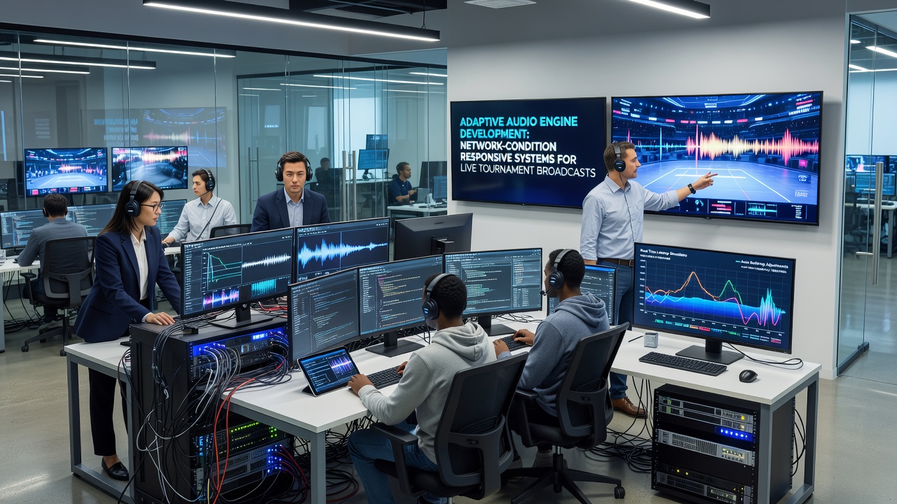 Engineers reviewing audio waveform data during a live esports tournament broadcast setup