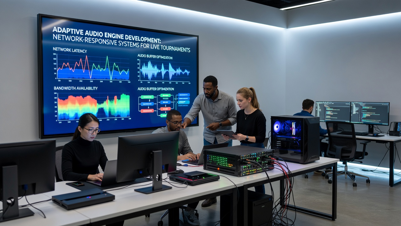 Network monitoring dashboard displaying real-time adaptive audio adjustments during an international esports event