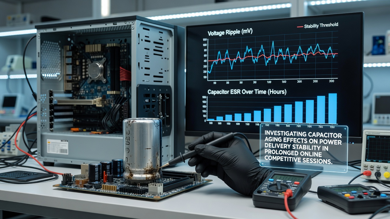 Oscilloscope waveform display capturing voltage ripple patterns from an aging capacitor bank during extended high-load gaming simulation