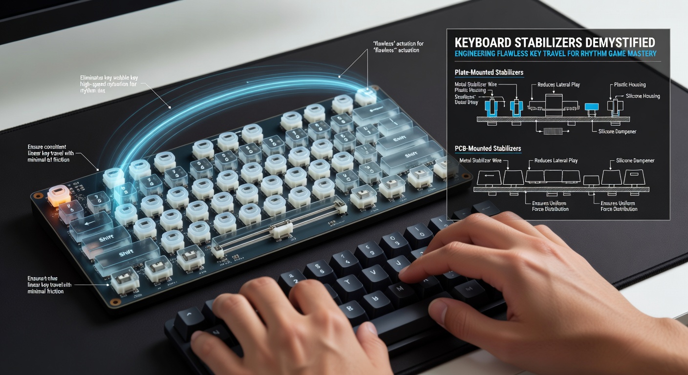 Gamer's hands blurring over a custom mechanical keyboard during an intense OSU! rhythm game session, highlighting stabilized spacebar in action