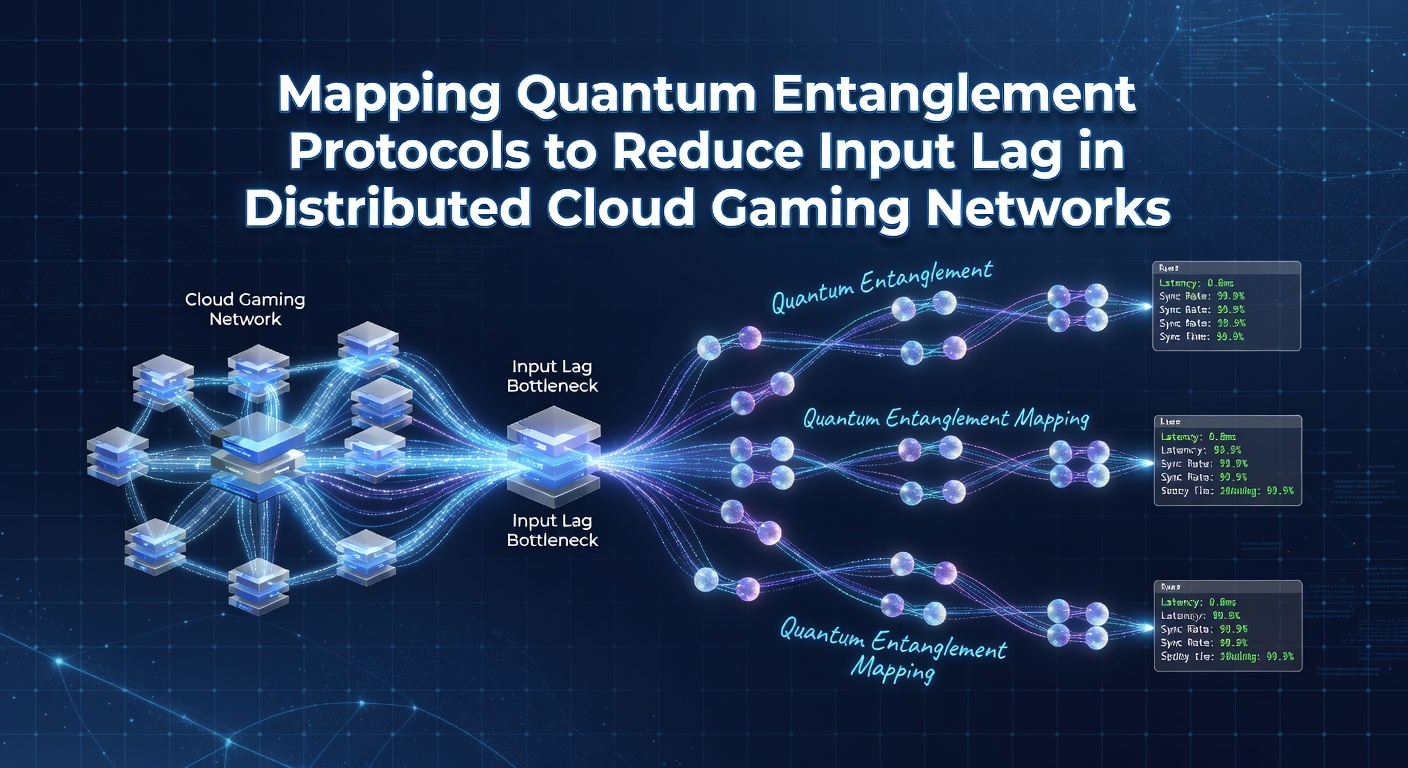 Diagram illustrating quantum entanglement protocols applied to distributed cloud gaming infrastructure with node connections and latency pathways