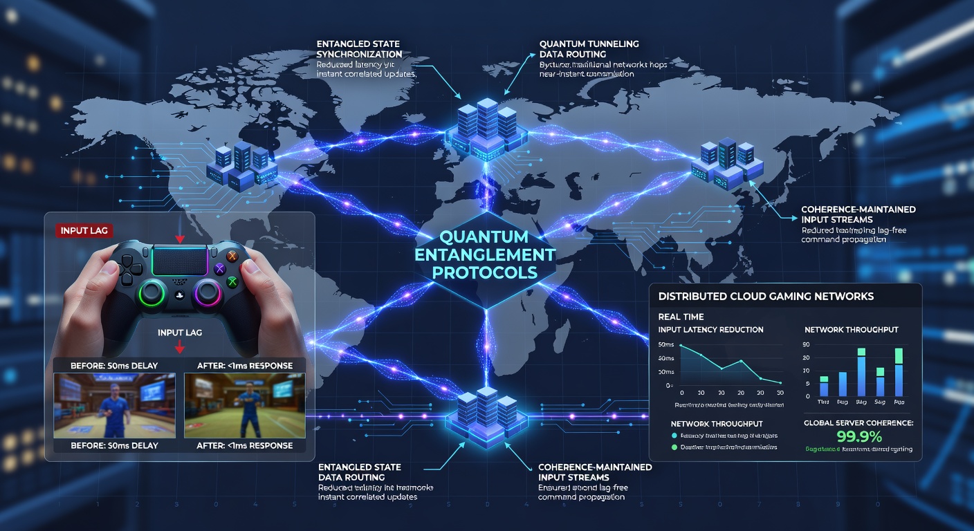 Network topology visualization showing entangled node pairs reducing synchronization delays across global cloud gaming regions