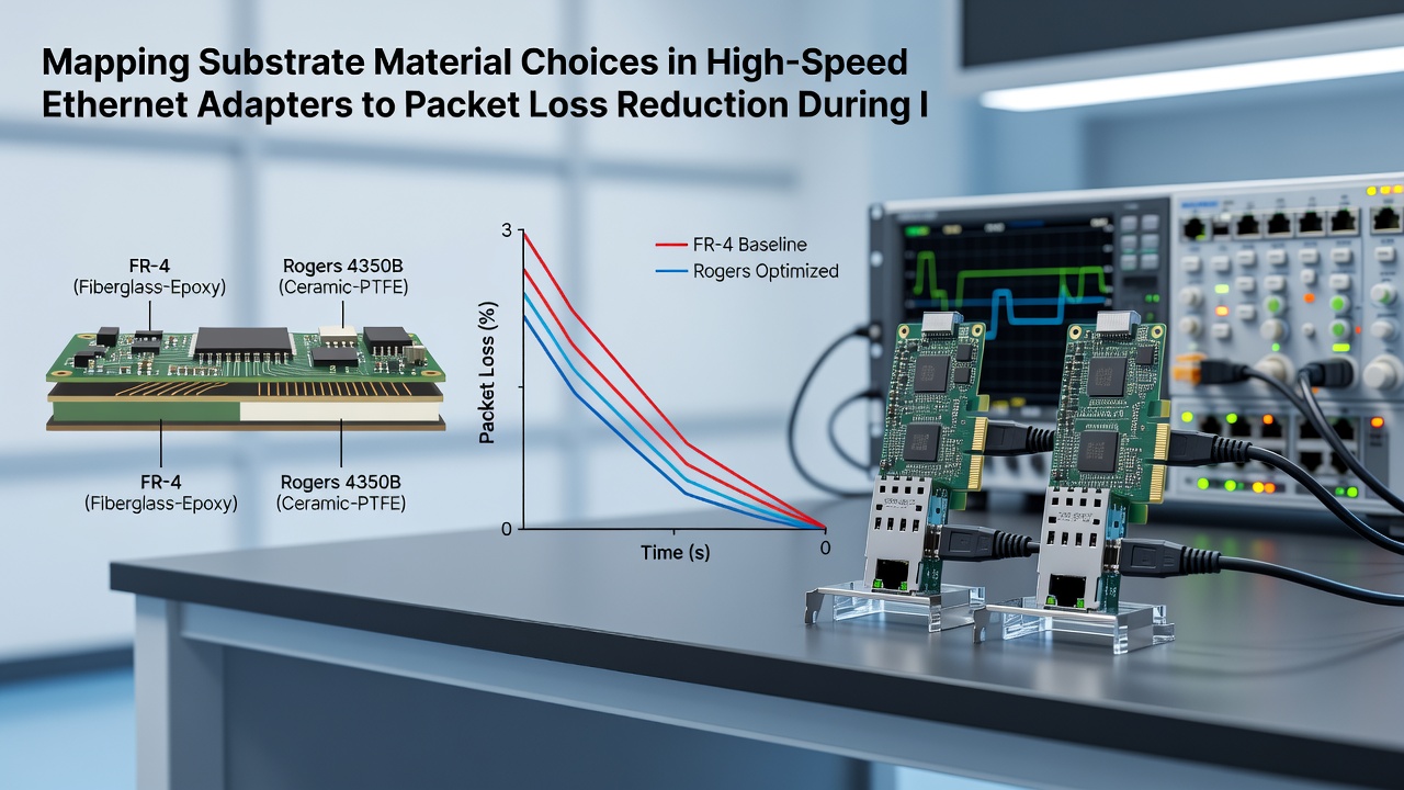 Close-up of circuit board traces on high-speed Ethernet adapters highlighting substrate material differences for low packet loss applications