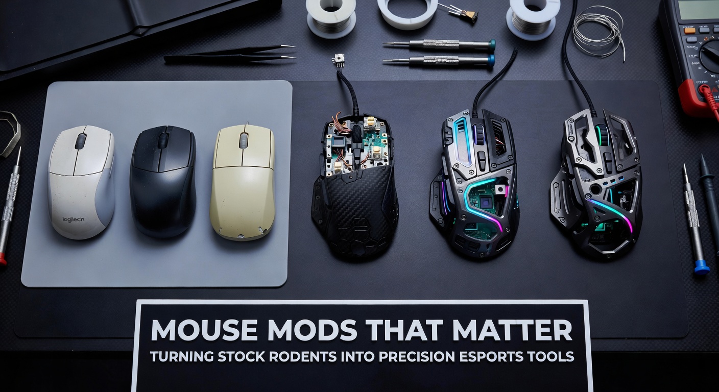 A disassembled gaming mouse with custom PTFE feet and modified internals, showcasing precision hardware tweaks for esports performance