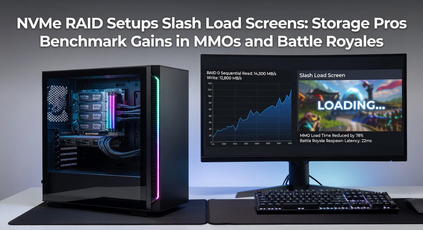 Benchmark graph displaying dramatic load time reductions in MMOs using NVMe RAID 0 configurations compared to single-drive setups