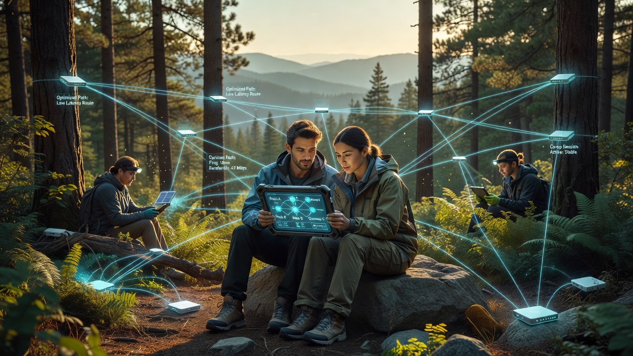 Mesh network nodes deployed across remote wilderness terrain to support multiplayer co-op connectivity without traditional broadband