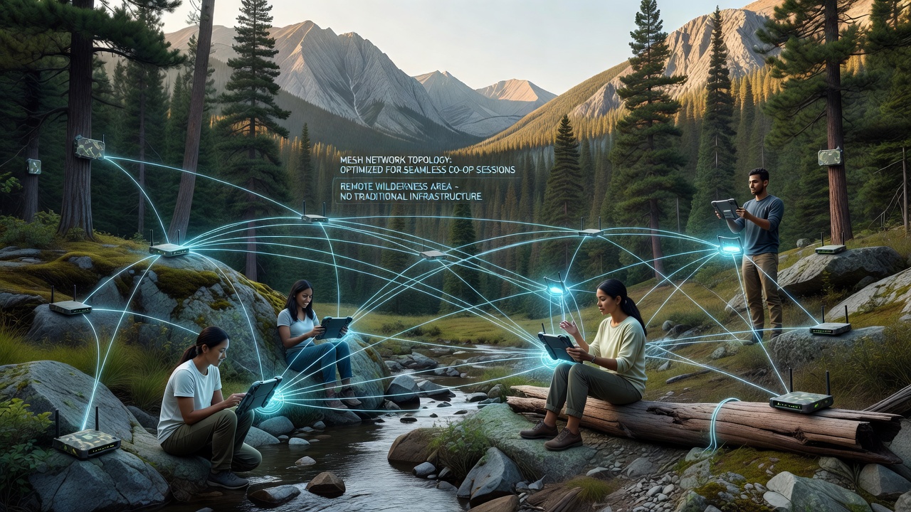 Optimized mesh topology diagram illustrating node connections for low-latency co-op gaming in areas without broadband infrastructure