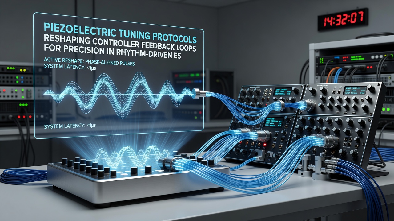 Technician calibrating piezoelectric feedback loops on a tournament-ready rhythm controller using diagnostic software interface