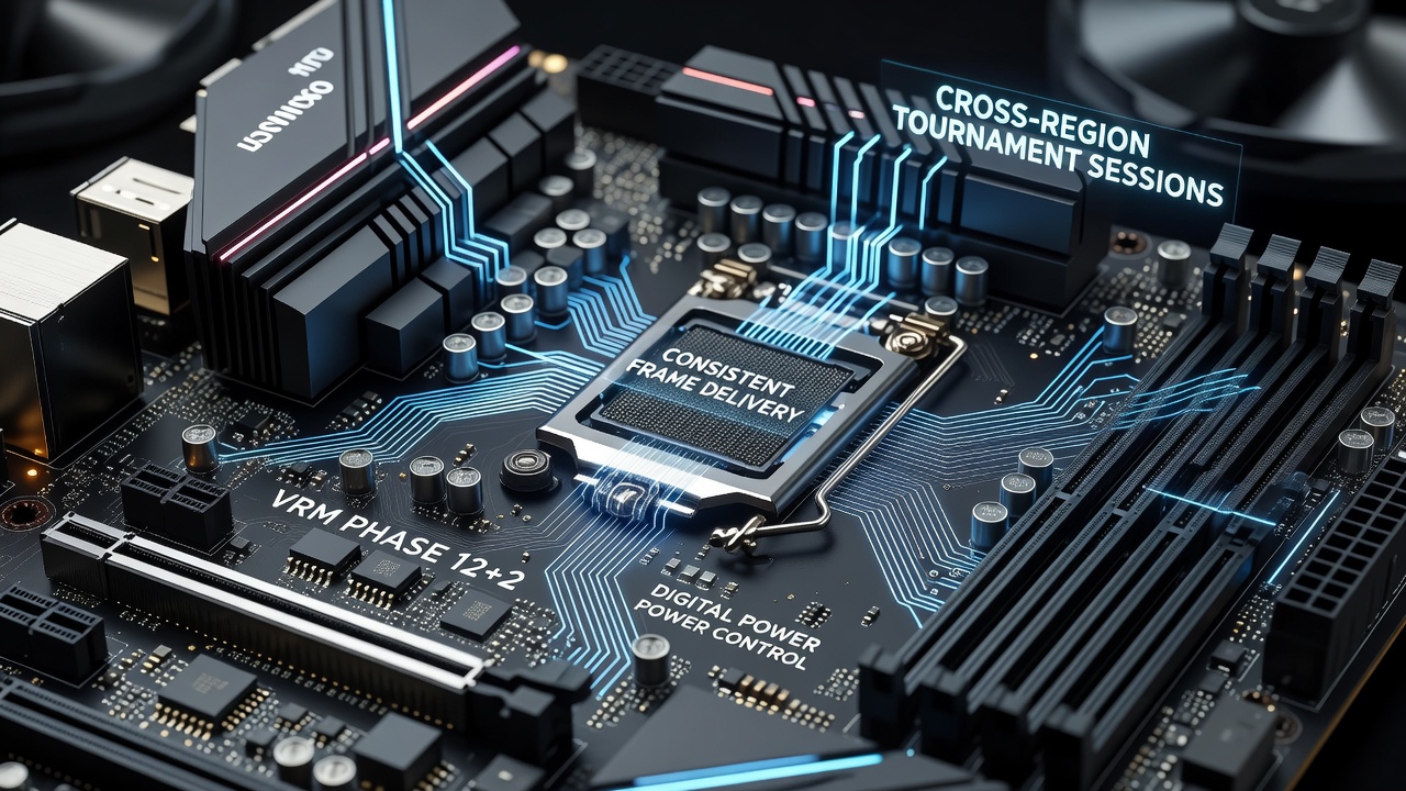 Detailed view of voltage regulator modules and power phases on a high-end gaming motherboard used in competitive esports setups