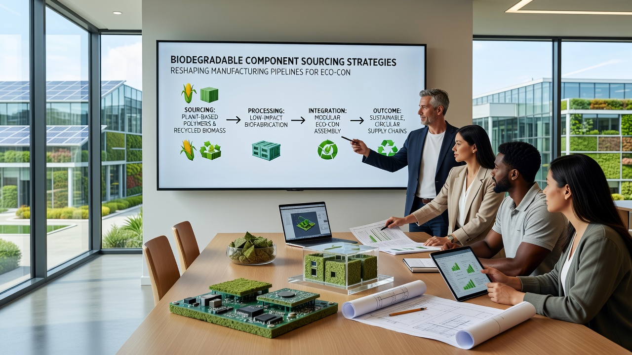 Technicians monitoring injection molding machines processing biodegradable materials for eco-friendly gaming keyboards and mice