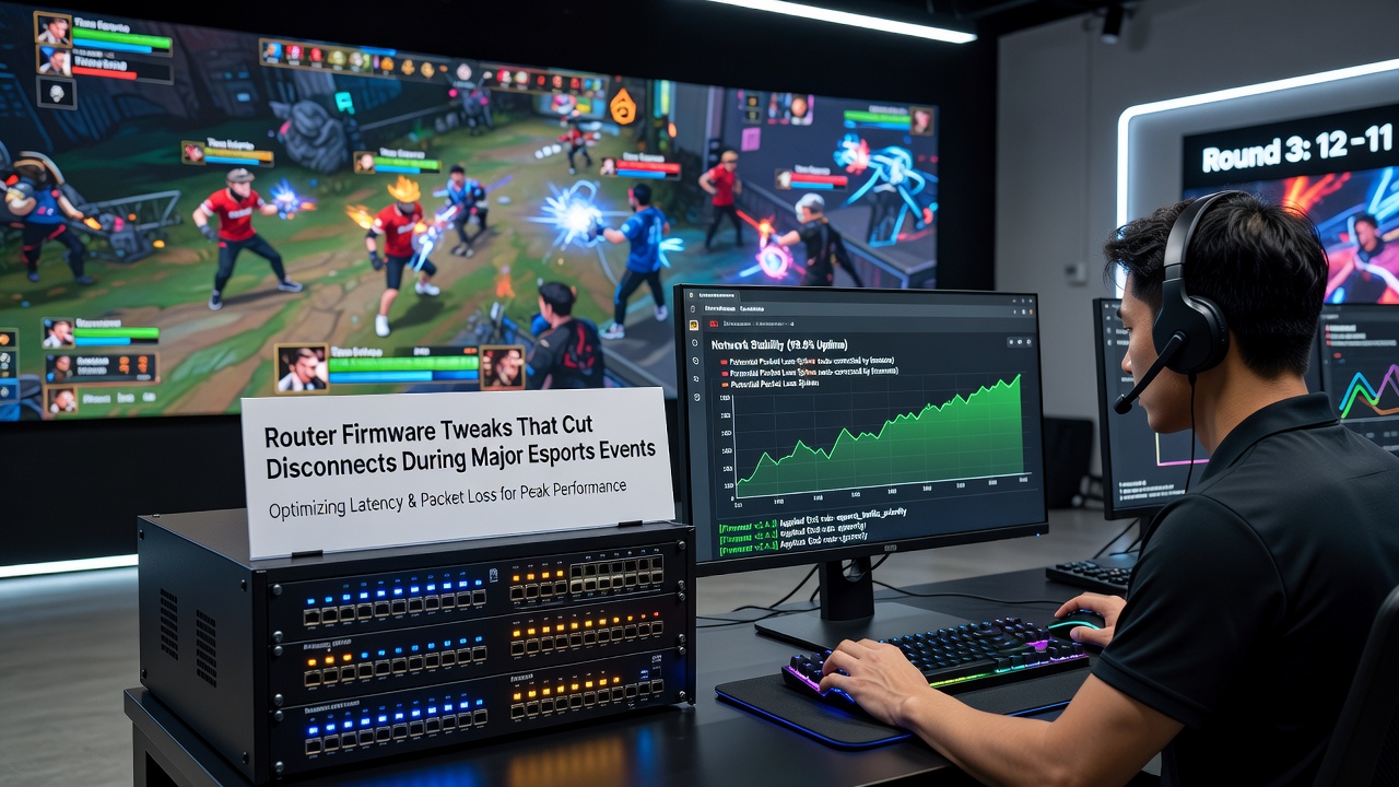 Network monitoring dashboard showing reduced disconnect rates after firmware optimization at an esports arena