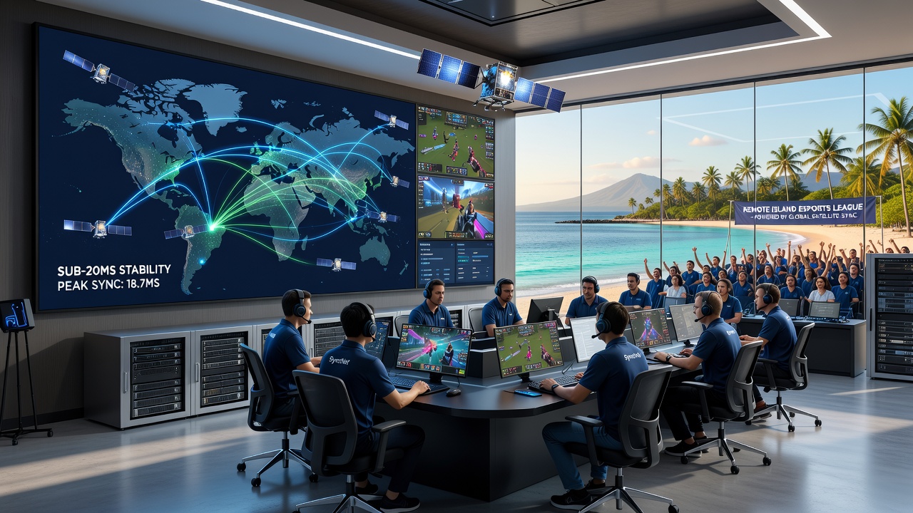 Remote island esports venue with satellite terminal equipment and multiple player stations