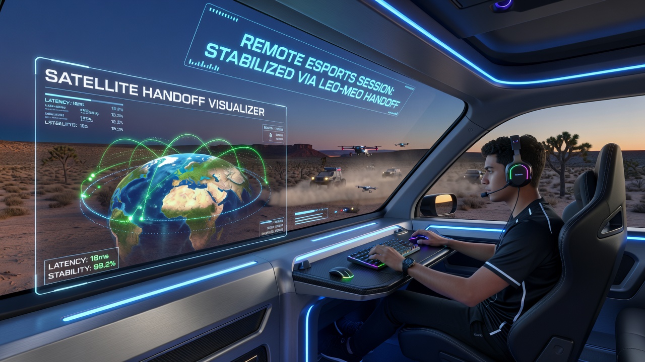 Mobile esports setup inside a remote expedition vehicle connected via satellite with handoff indicators displayed on monitoring equipment