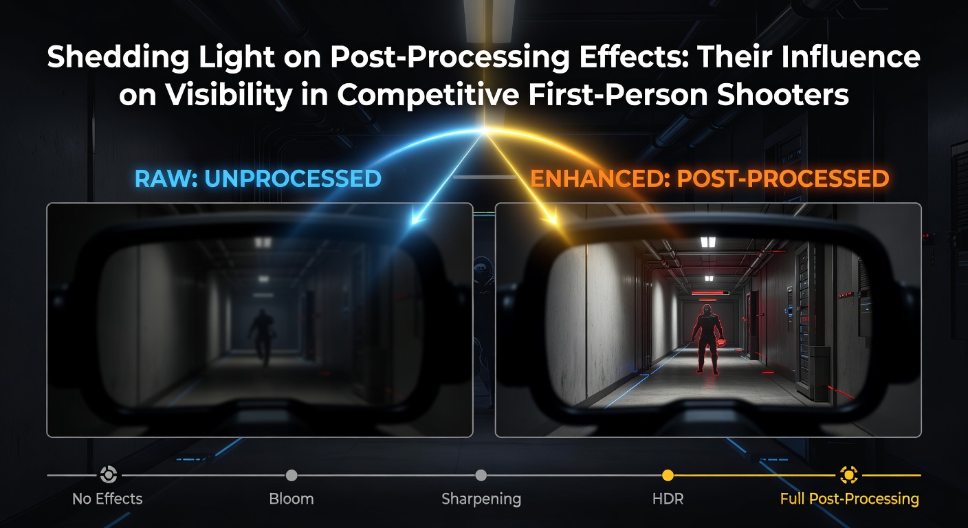 Illustration of post-processing effects in a first-person shooter environment showing bloom and depth of field layers