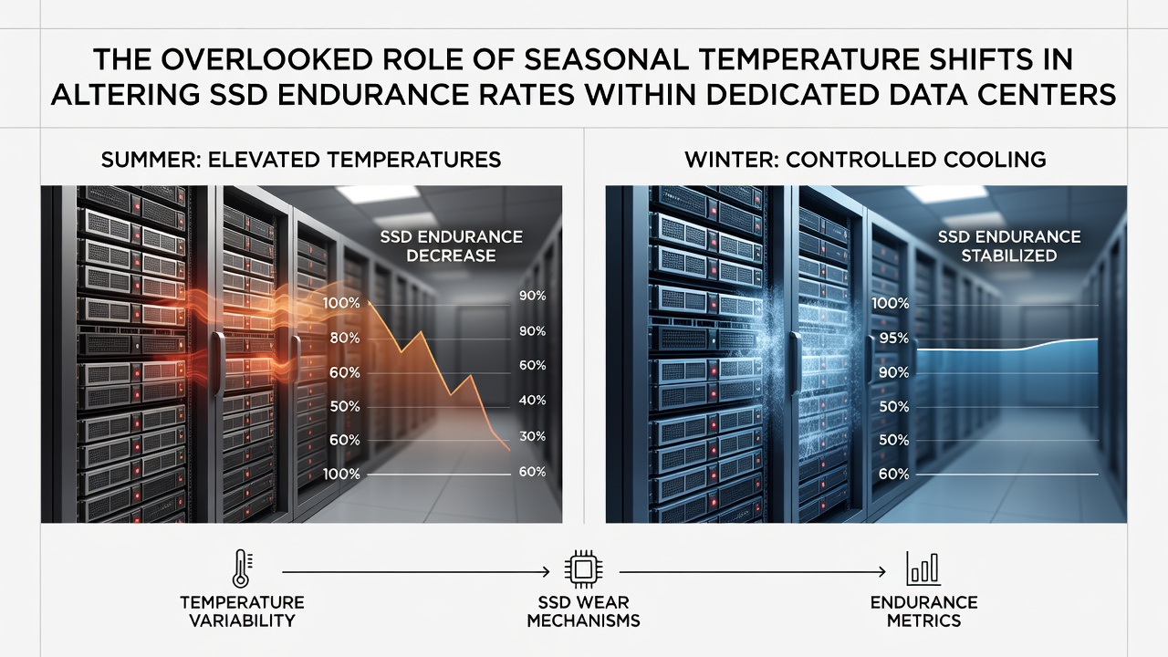 Temperature sensors attached to SSDs in a home server rack located in a variable climate region with seasonal monitoring graphs displayed