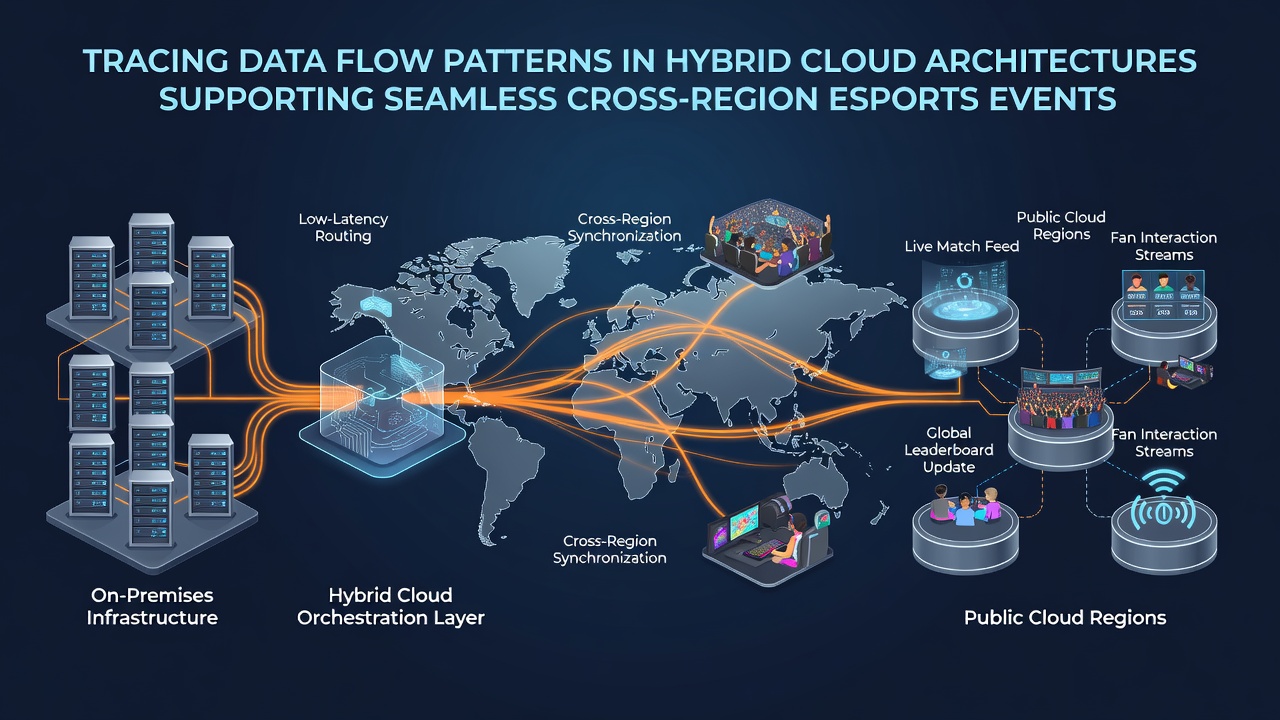 Visualization of cross-region data synchronization flows between hybrid cloud zones in an esports infrastructure