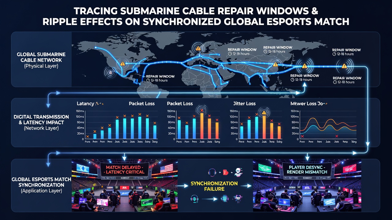 Network operations center monitoring real-time latency maps during a period of submarine cable maintenance
