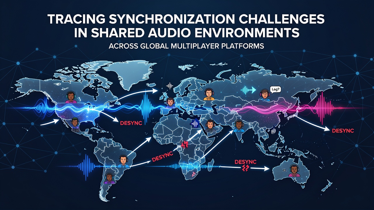 Network diagram illustrating audio packet routing across continents with highlighted jitter points