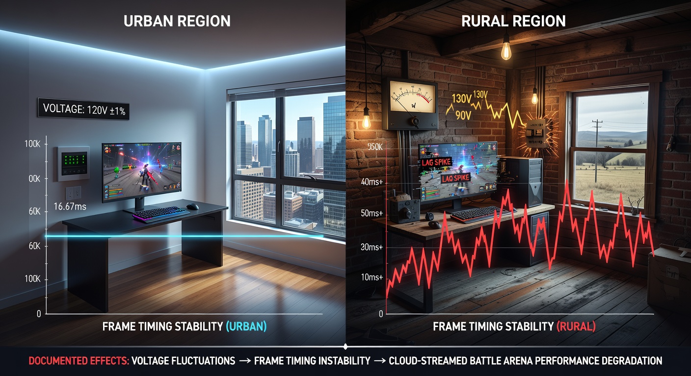 Diagram showing voltage fluctuation patterns across urban and rural electrical grids with overlaid frame timing graphs from cloud-streamed battle arena sessions