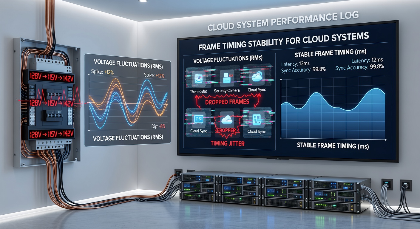Side-by-side comparison charts of frame timing histograms recorded in urban versus rural cloud gaming setups during documented voltage sag events
