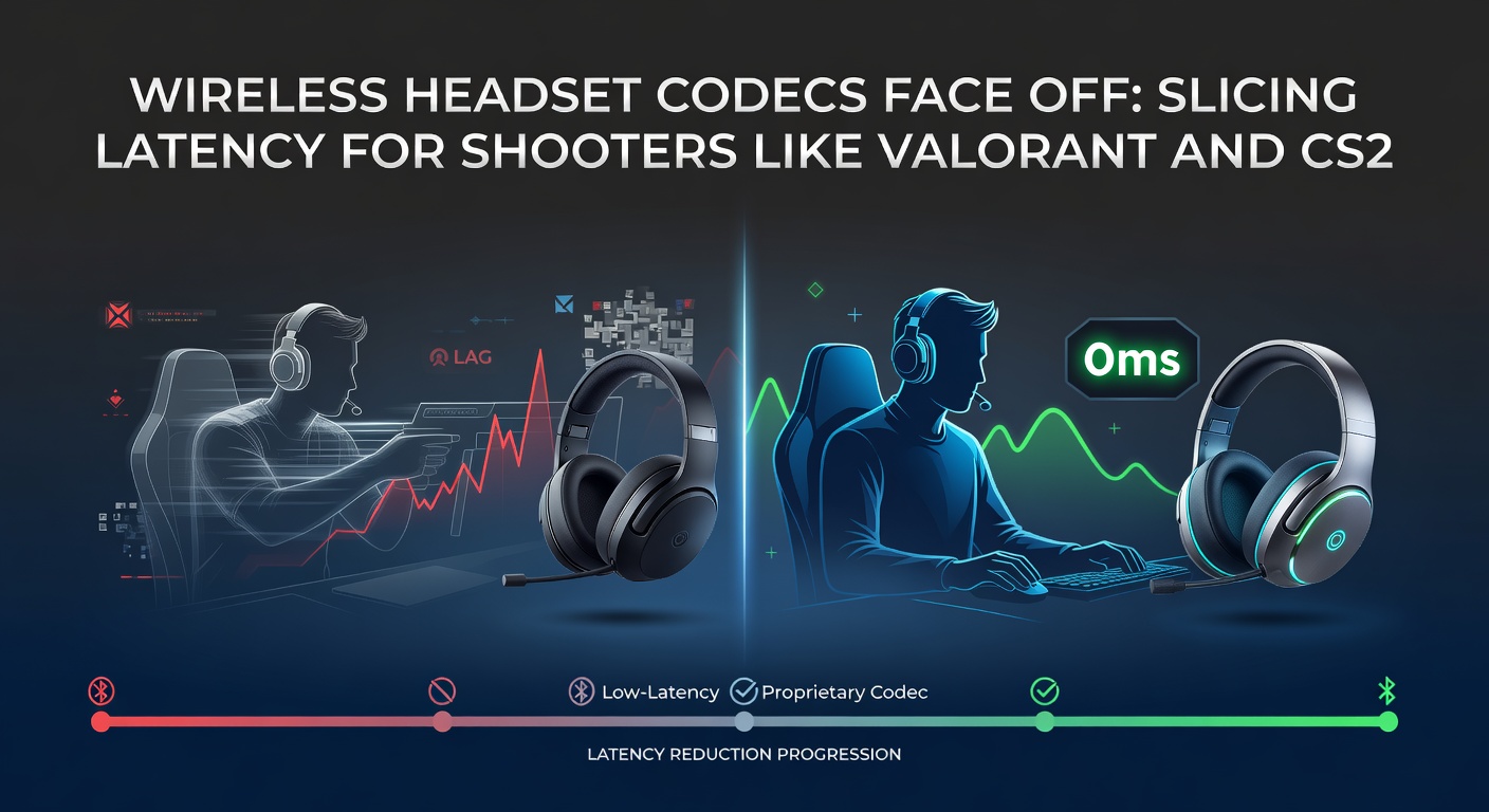 Graph comparing latency across wireless headset codecs in Valorant gameplay tests, showing bars for SBC, aptX LL, and LC3 with milliseconds marked
