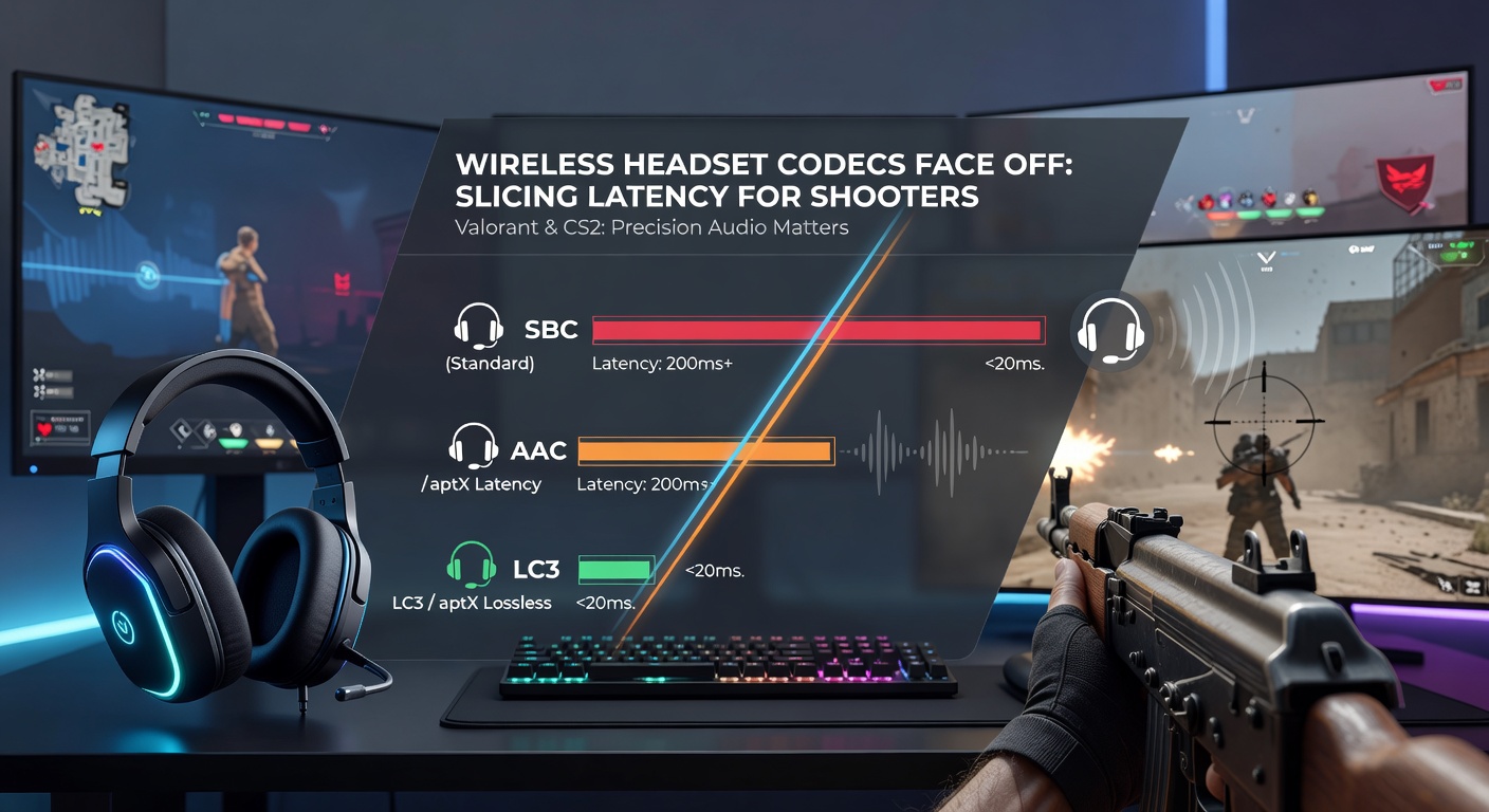 Side-by-side headset comparison during CS2 match, displaying latency readouts and waveform graphs for codec performance